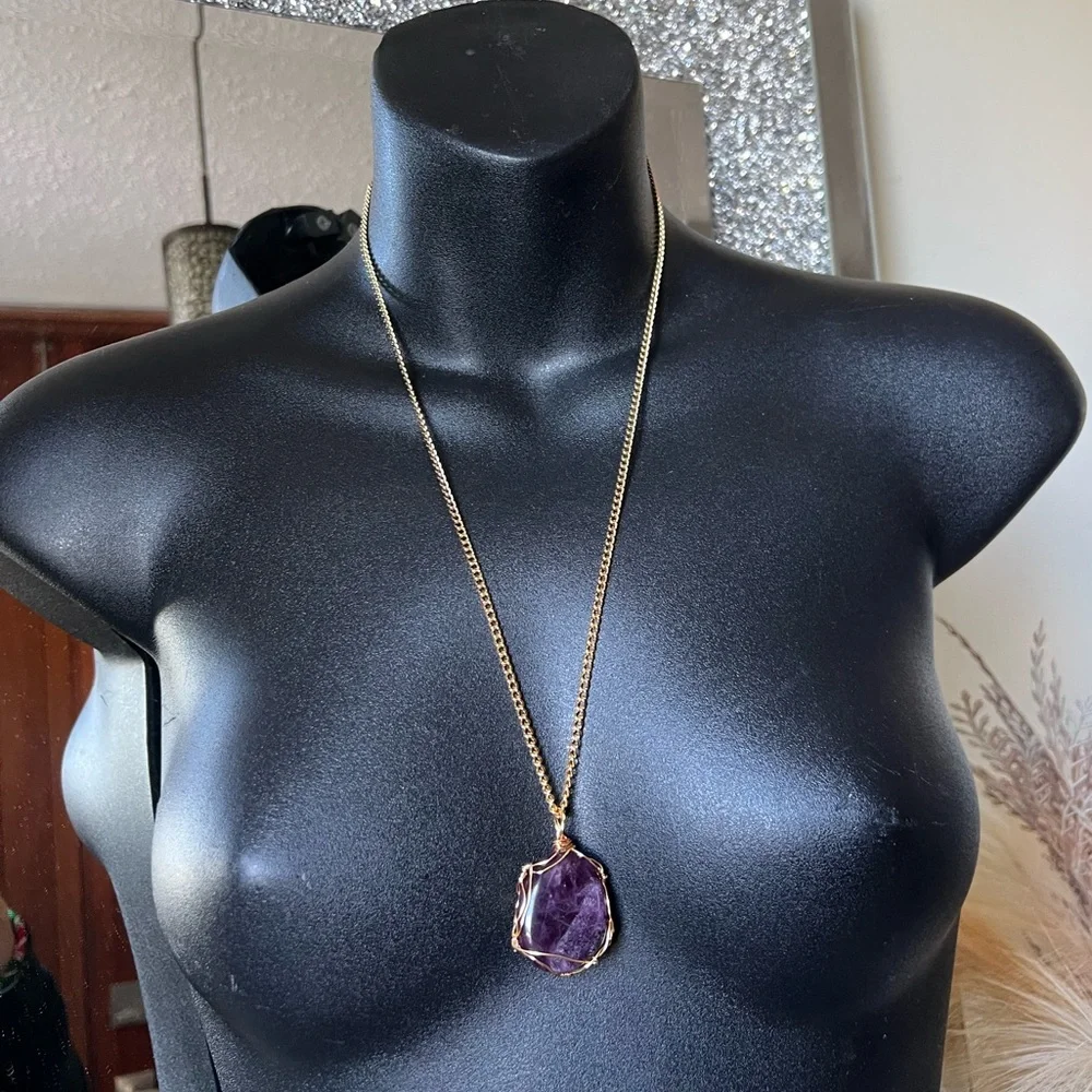 ✨ Deep Purple Fluorite Necklace • Gold Wrapped • 24" Chain ✨ - Picture 1 of 16